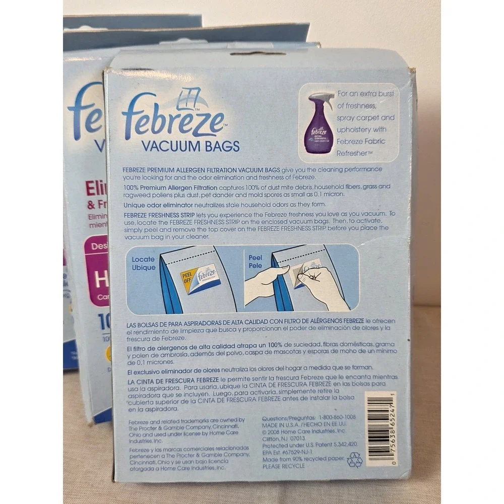 12 Vacuum Bags Febreze HOOVER S Uprights ELIMINATES ODOR 100% Allergen Filtrate